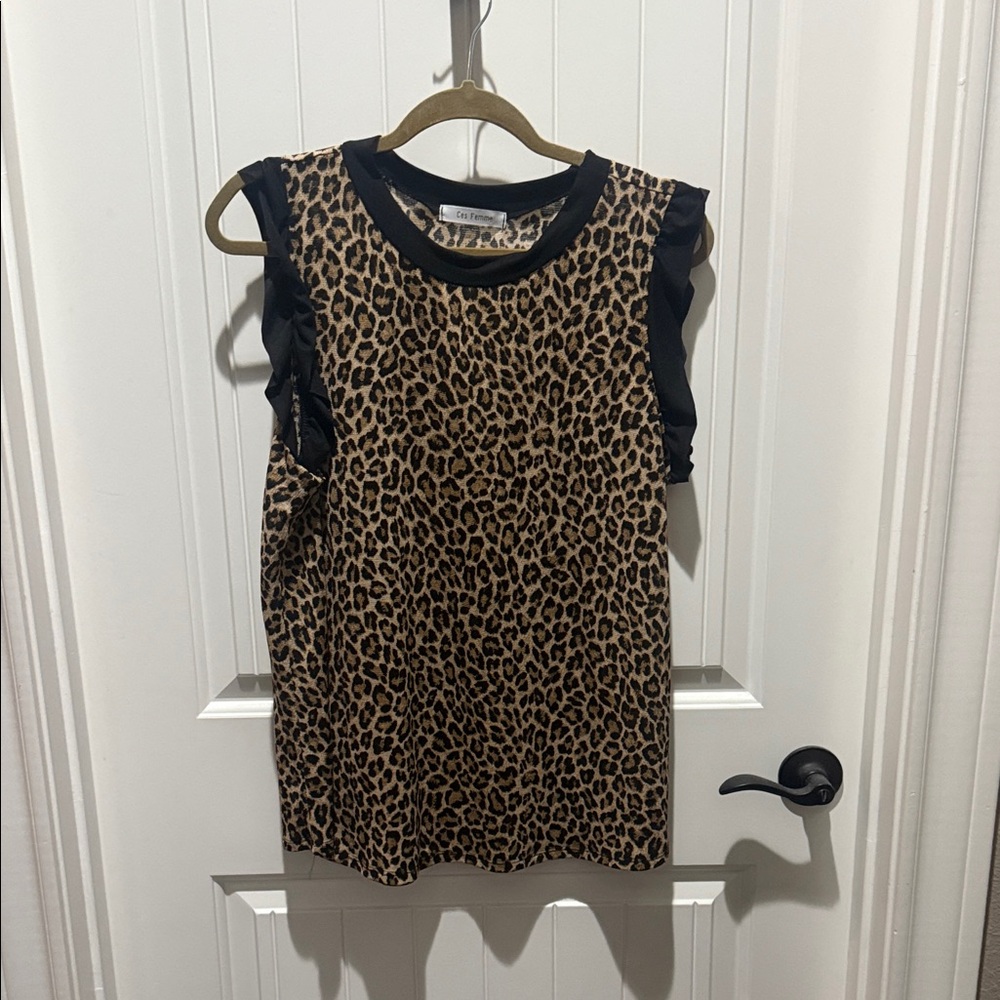 Ces Femme Leopard Print blouse with Black ruffle Trim